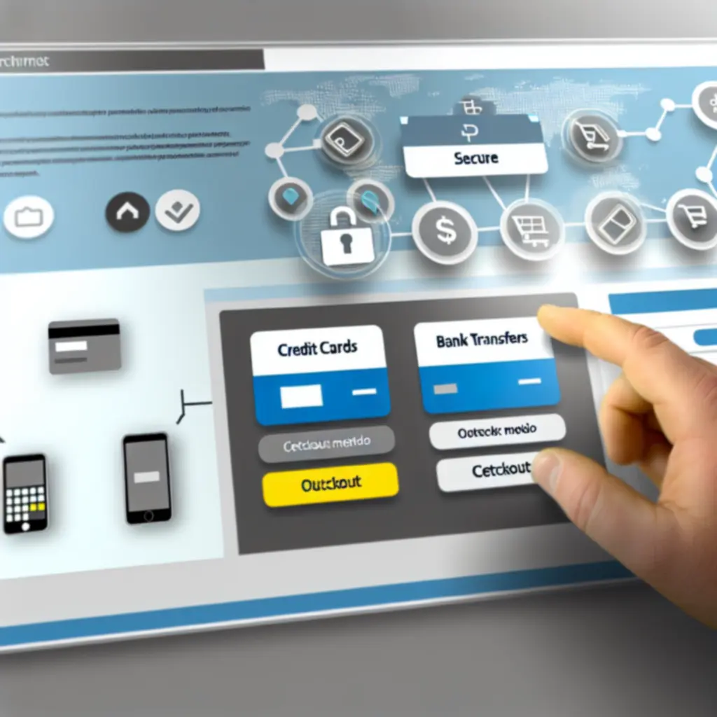 Interfejs wyboru bezpiecznych metod płatności online, w tym przelewy, karty i płatności mobilne