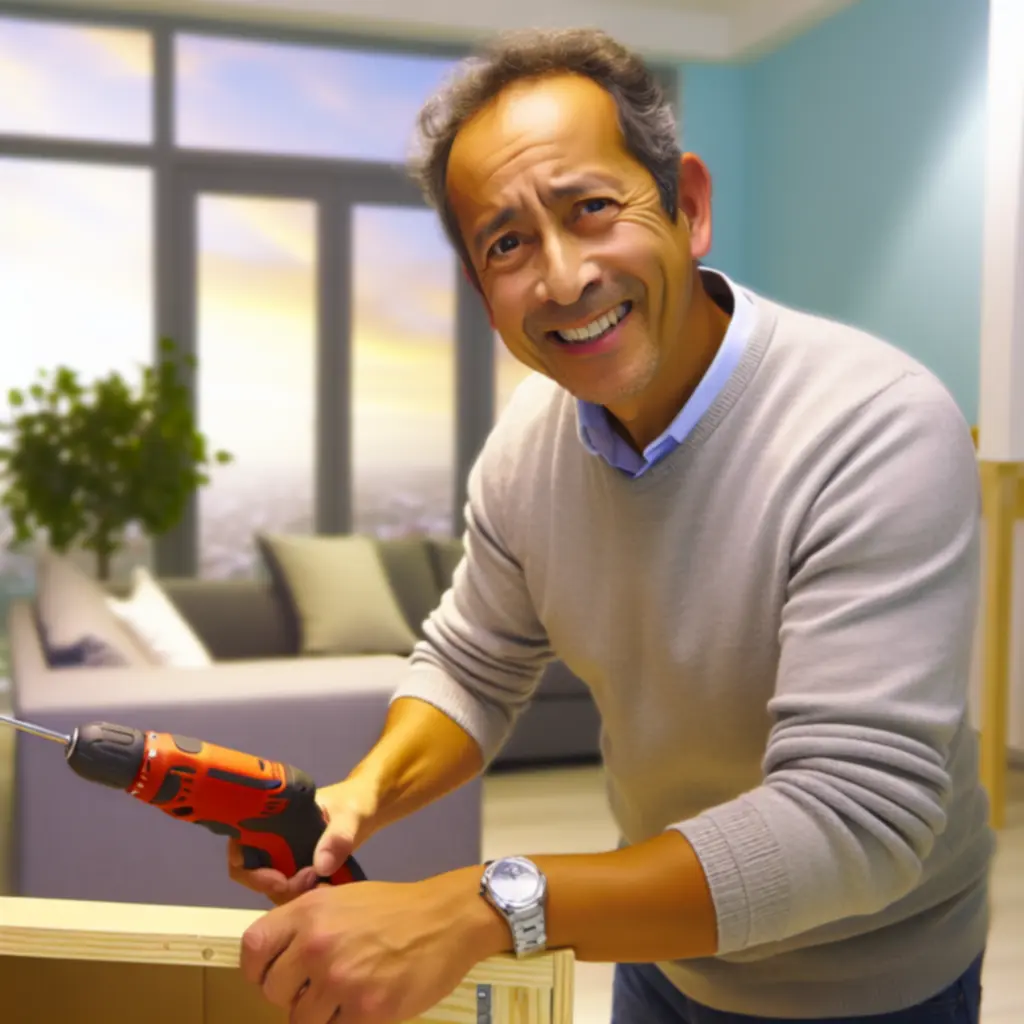 Zdjęcie stanowiska roboczego klienta z wiertarko–wkrętarką HomeToolsPL w trakcie montażu szafek