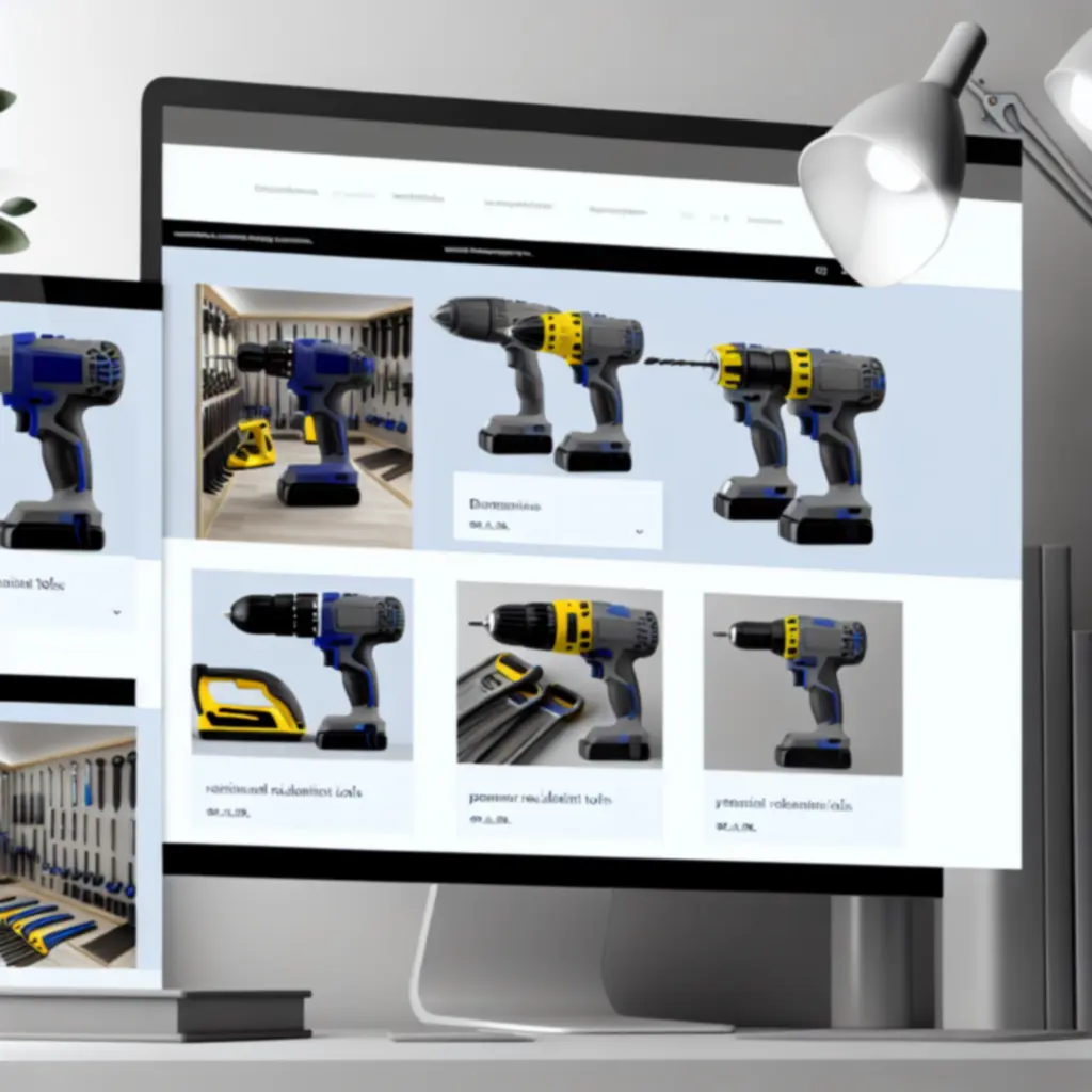 Zestaw wyróżnionych narzędzi ręcznych i elektrycznych prezentowanych na industrialnym tle.