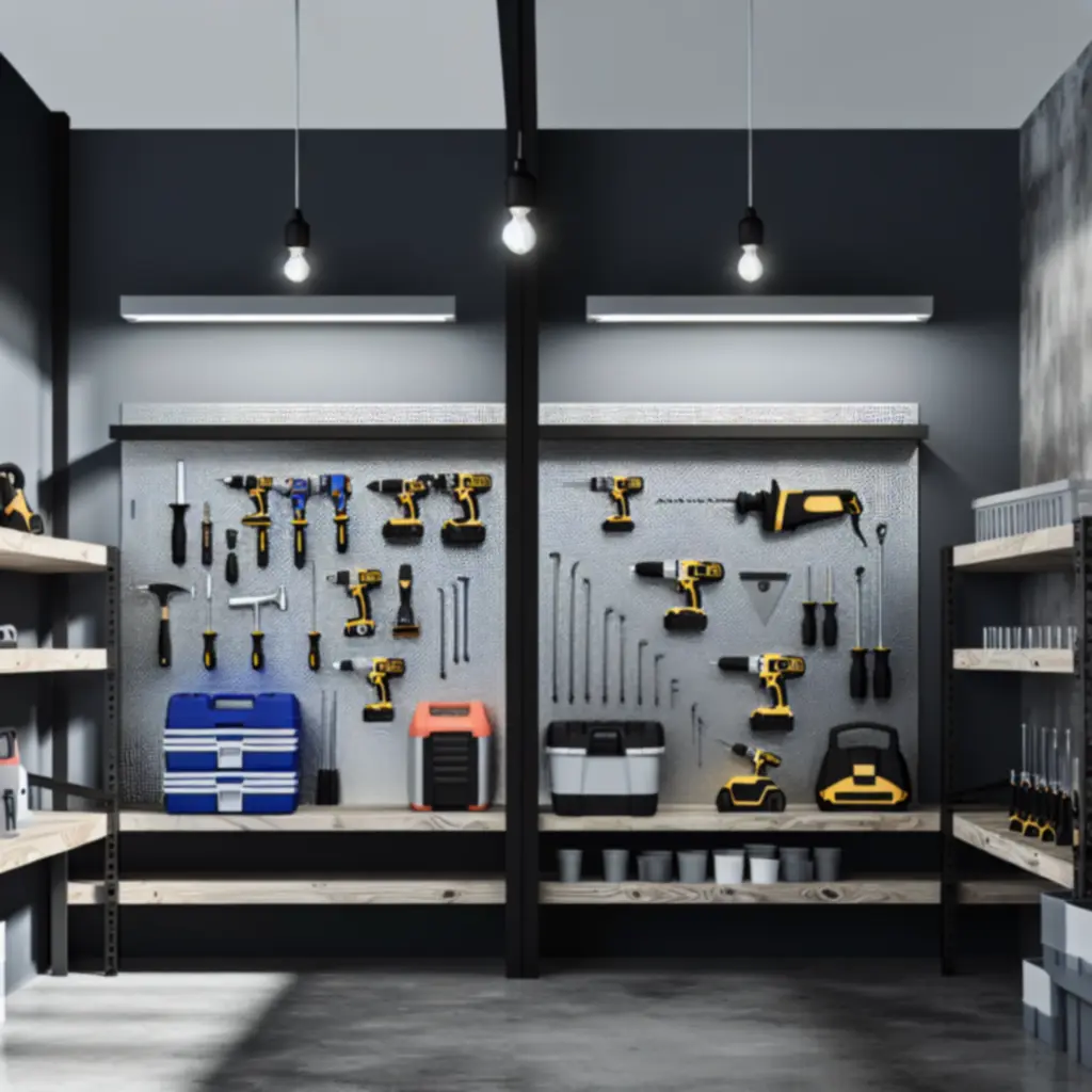 Zestaw nowoczesnych narzędzi ręcznych i elektrycznych ułożonych na industrialnym blacie roboczym