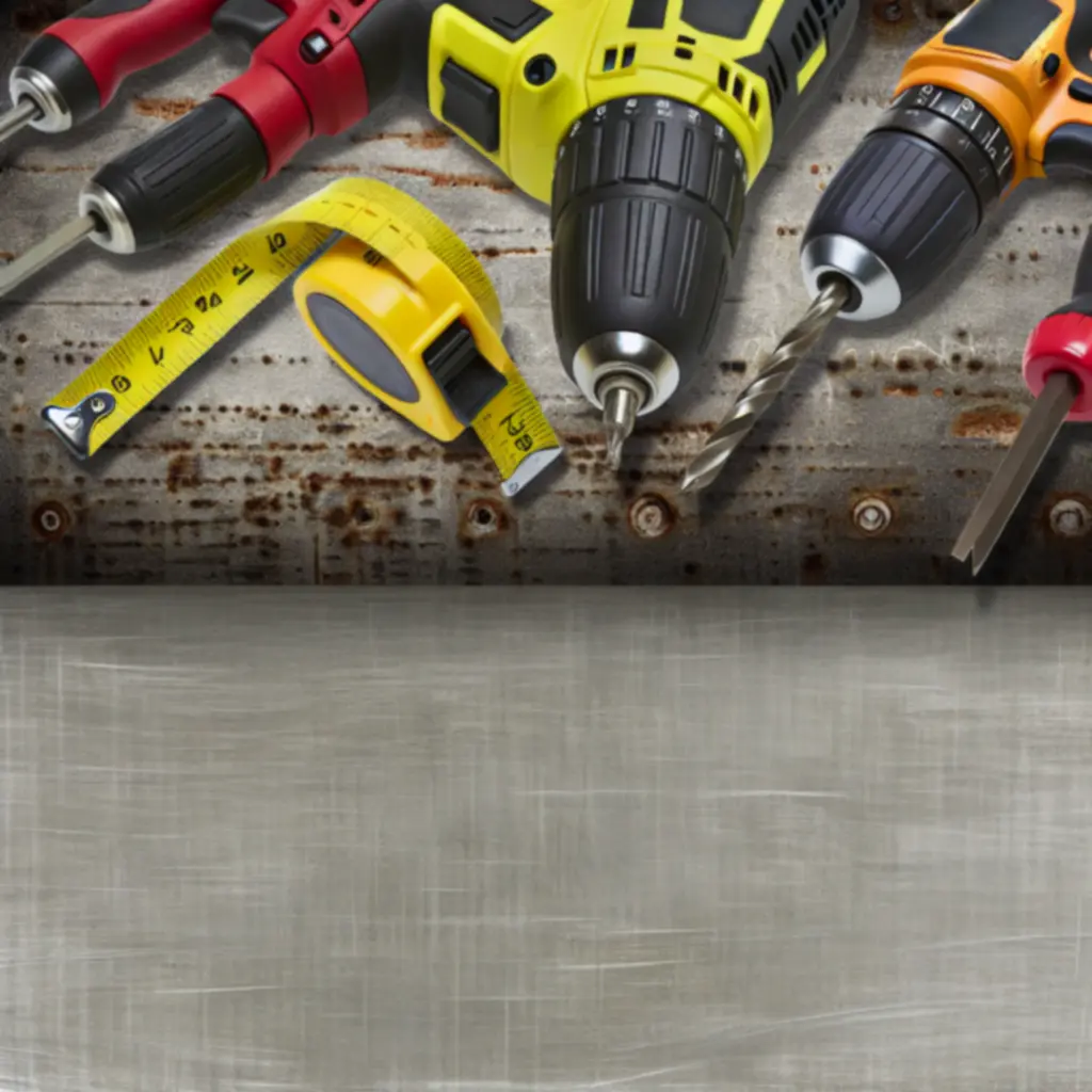 Zestaw narzędzi i akcesoriów HomeToolsPL ułożony w industrialnym warsztacie