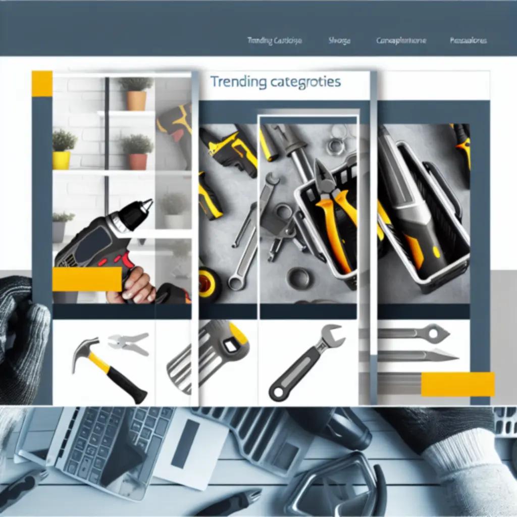 Różne kategorie narzędzi ułożone w przejrzystych, industrialnych sekcjach.