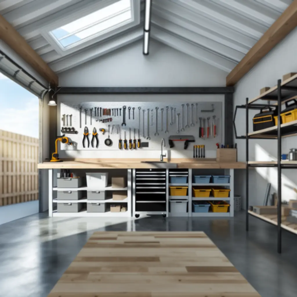 Zorganizowany domowy garaż z narzędziami na ścianie i blatem roboczym